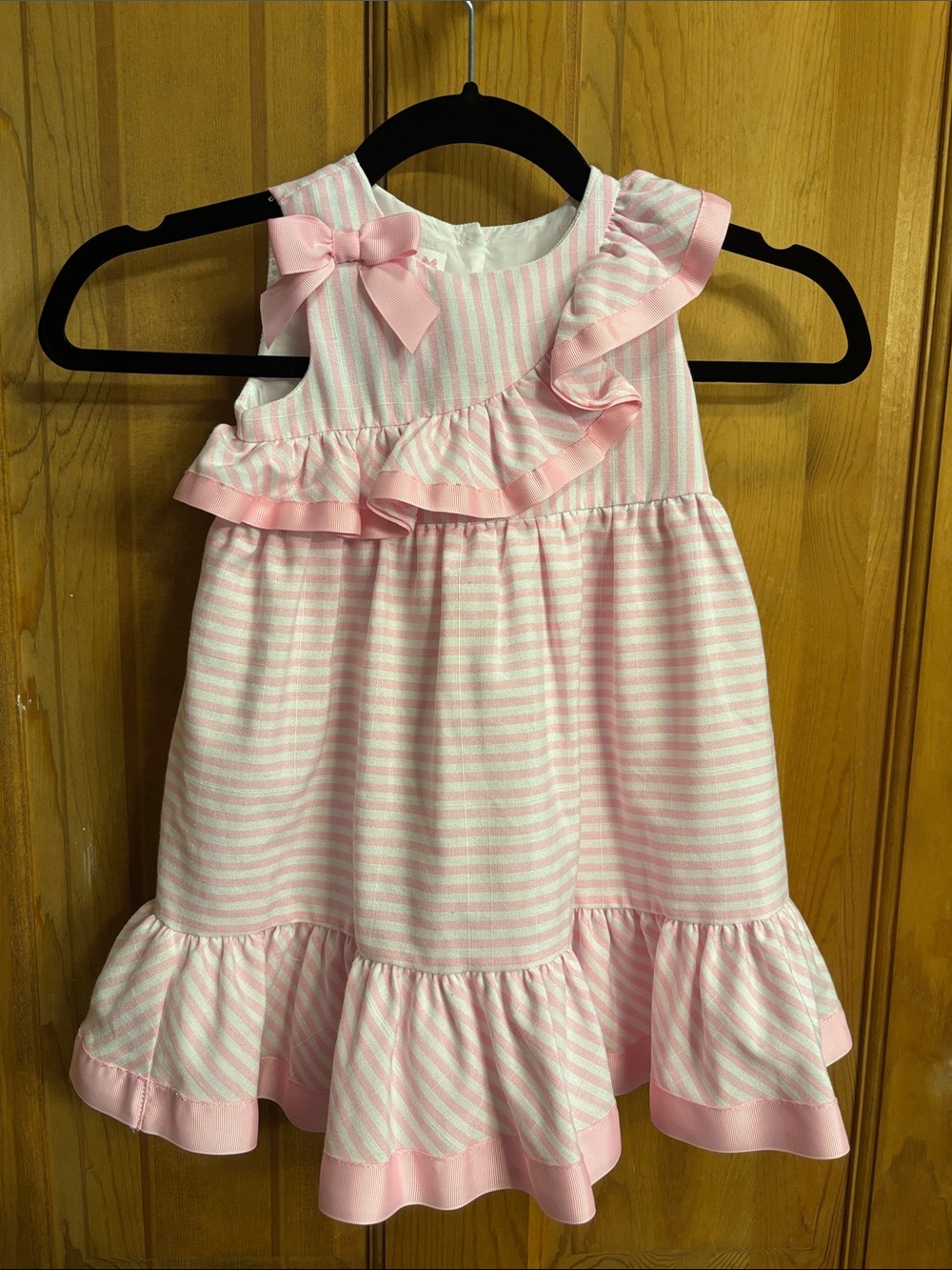 Bonnie Baby Pink and White Striped Ruffle Dress with Bow